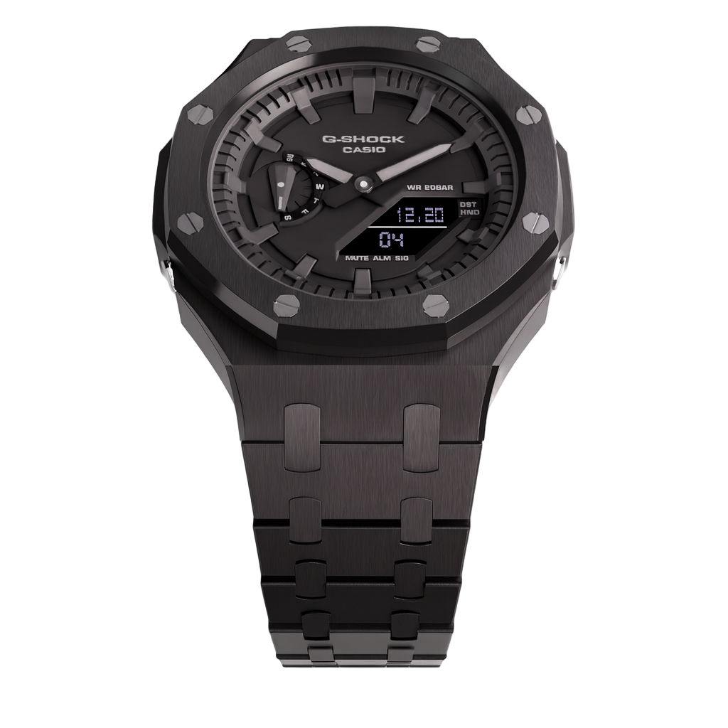 Casioak Mod Casio G-Shock GA-2100 Black Metal Silver Screws Modded Watch GA2100 Front View