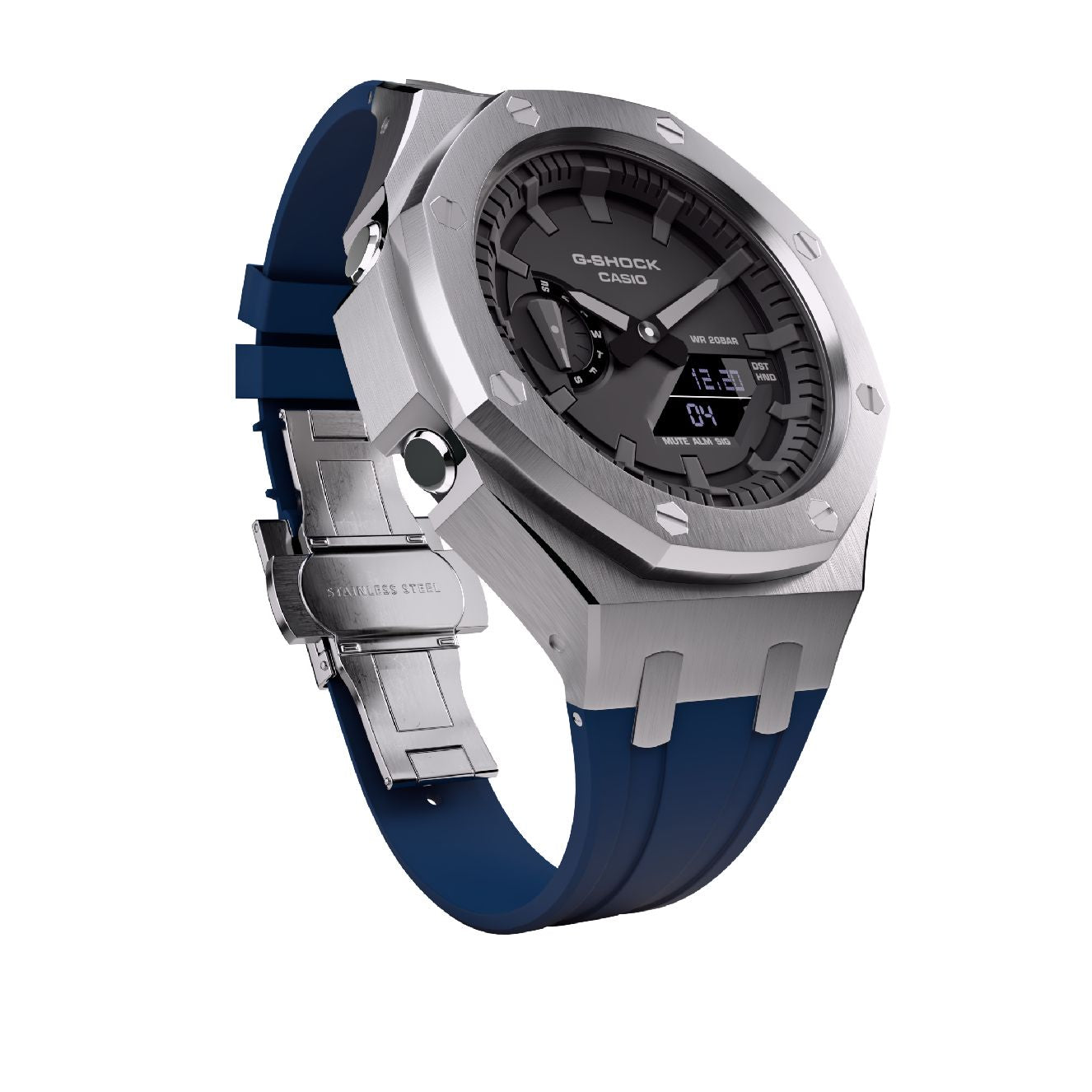 Casioak Mod Royal Oak Watch Casio G-Shock GA-2100 Silver Case Blue Strap GA2100 - Cool View