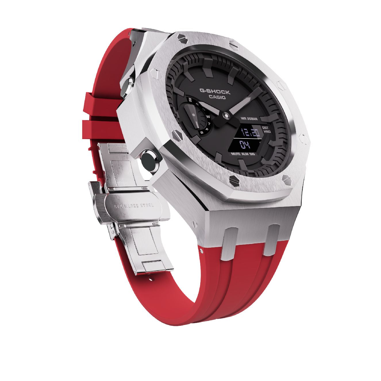 Casioak Mod Royal Oak Watch Casio G-Shock GA-2100 Silver Case Red Strap GA2100 cool View