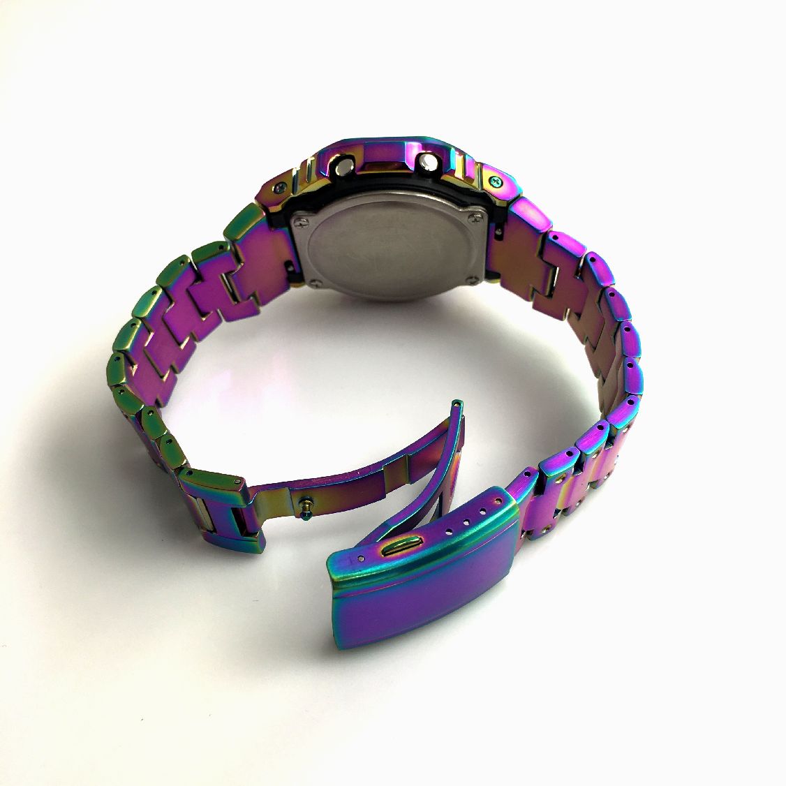 casio g-shock dw5600 metal mod rainbow multi-color open bracelet view