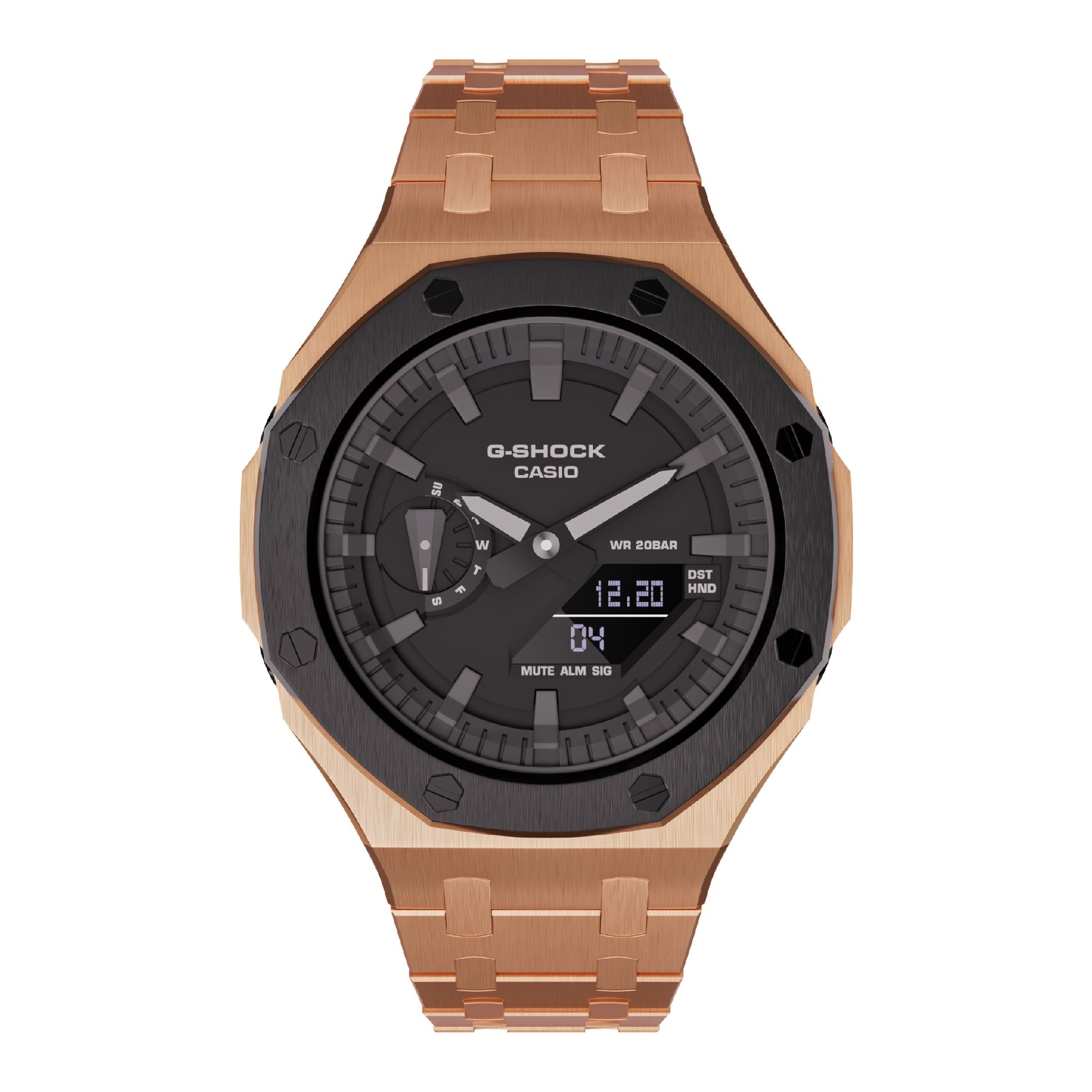rose gold with black bezel casioak mod ga2100 metal watch front view