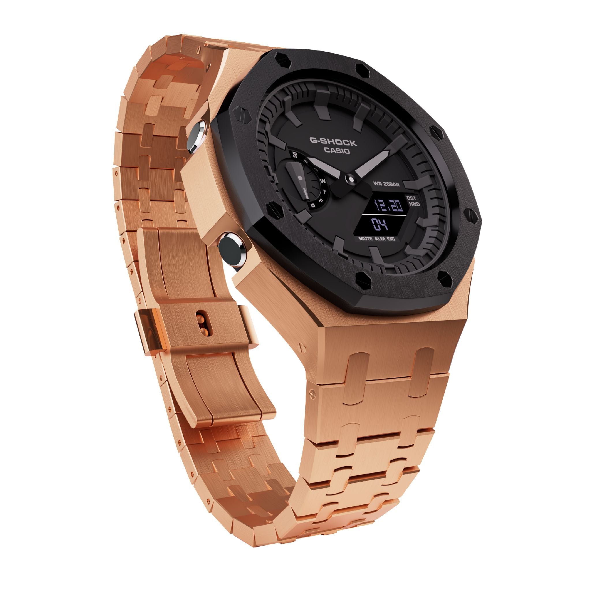 rose gold with black bezel casioak mod ga2100 metal watch lifestyle view