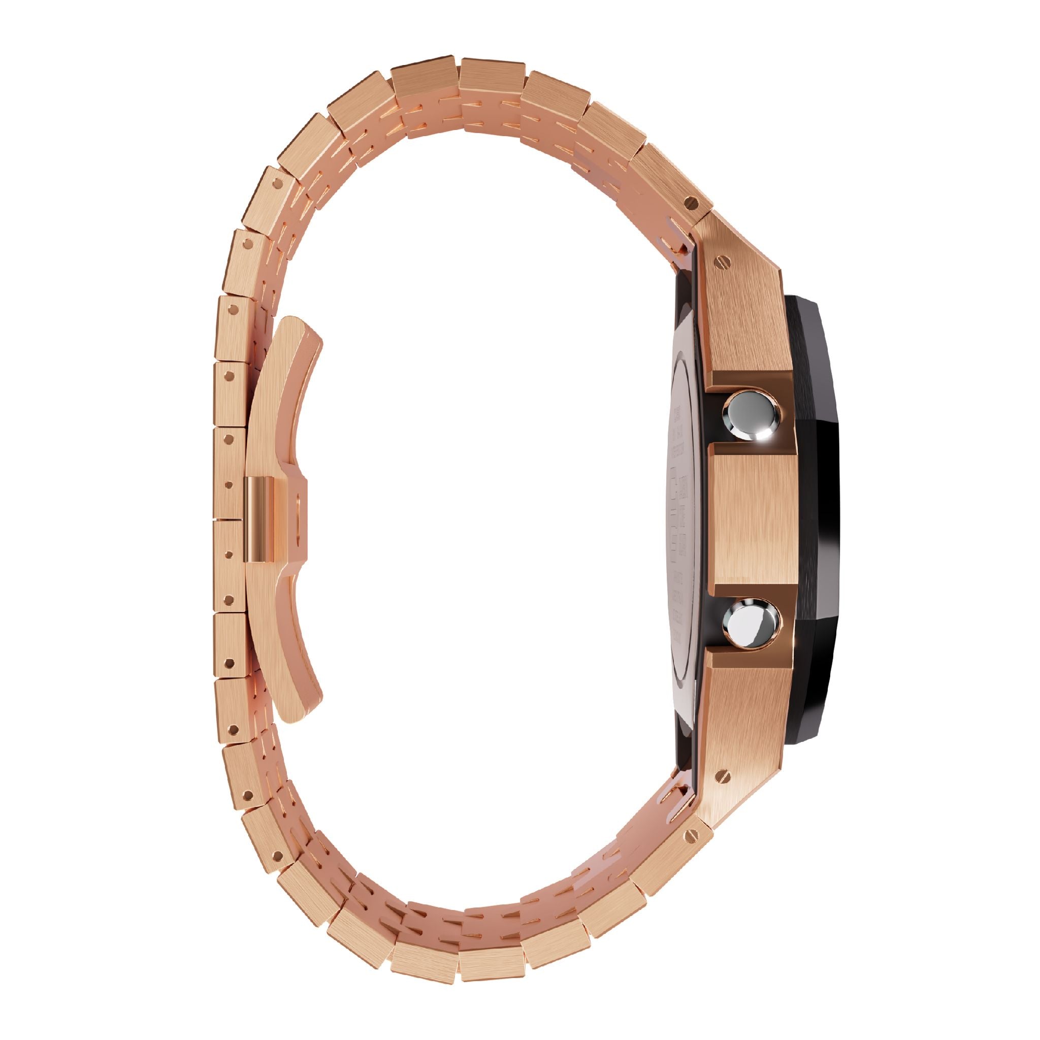 rose gold with black bezel casioak mod ga2100 metal watch side view