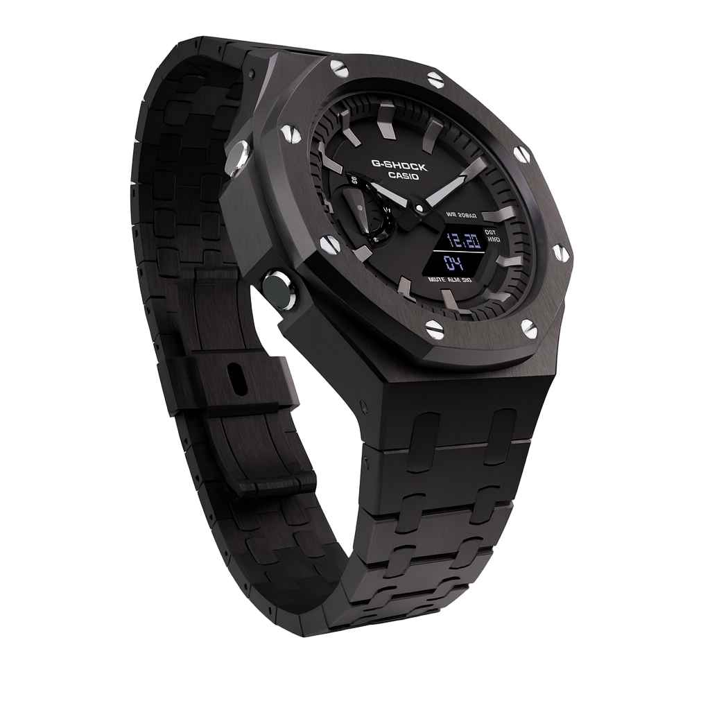 Casioak Mod Casio G-Shock GA-2100 Black Metal Silver Screws Modded Watch GA2100