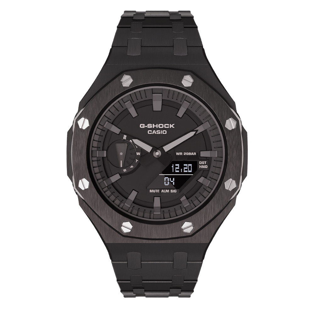 Casioak Mod Casio G-Shock GA-2100 Black Metal Silver Screws Modded Watch GA2100 Front View
