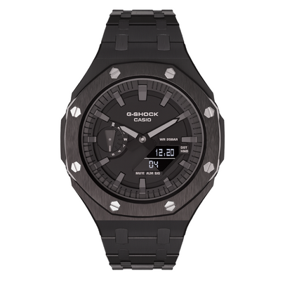 Casioak Mod Casio G-Shock GA-2100 Black Metal Silver Screws Modded Watch GA2100 Front View