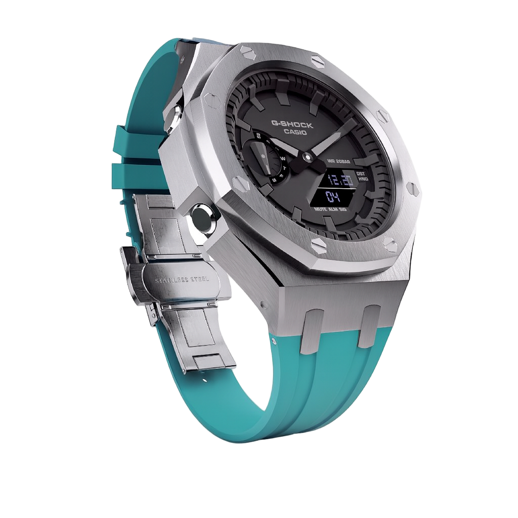 Casioak Mod Custom Metal Watch Casio G-Shock GA-2100 Turquoise Aqua Blue Strap