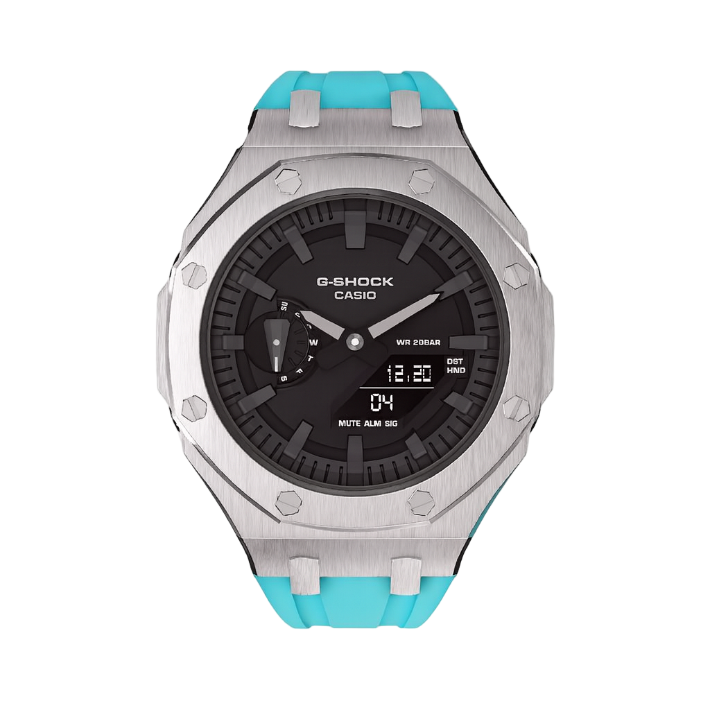 Casioak Mod Custom Metal Watch Casio G-Shock GA-2100 Turquoise Aqua Blue Strap Front View