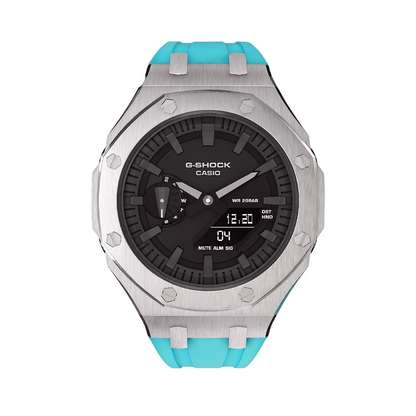 Casioak Mod Custom Metal Watch Casio G-Shock GA-2100 Turquoise Aqua Blue Strap Front View