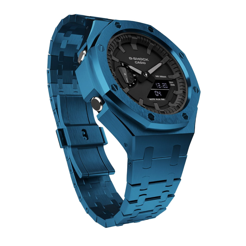 Casioak Mod Custom Watch Casio G-Shock GA-2100 Blue Case Metal Strap GA2100