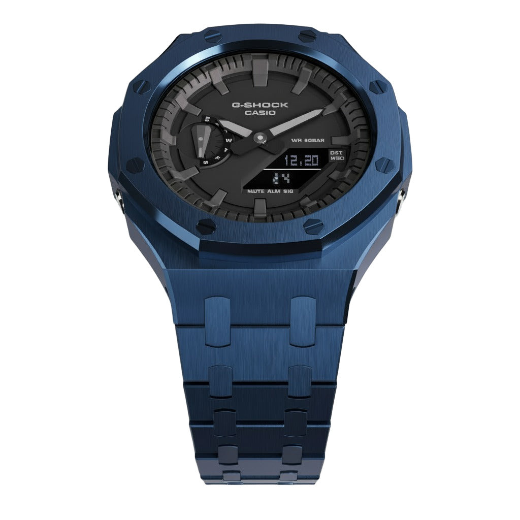 Casioak Mod Custom Watch Casio G-Shock GA-2100 Blue Case Metal Strap GA2100 face up view
