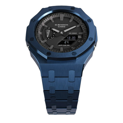 Casioak Mod Custom Watch Casio G-Shock GA-2100 Blue Case Metal Strap GA2100 face up view