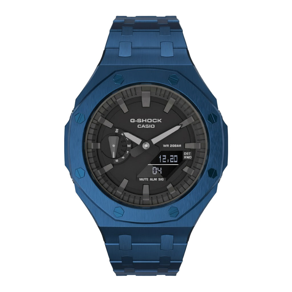 Casioak Mod Custom Watch Casio G-Shock GA-2100 Blue Case Metal Strap GA2100 face view