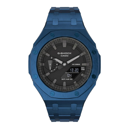 Casioak Mod Custom Watch Casio G-Shock GA-2100 Blue Case Metal Strap GA2100 face view