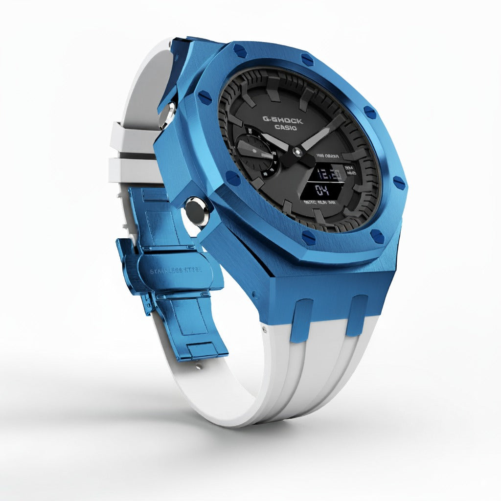 Casioak Mod Custom Watch Casio G-Shock GA-2100 Blue Case White Silicone Strap