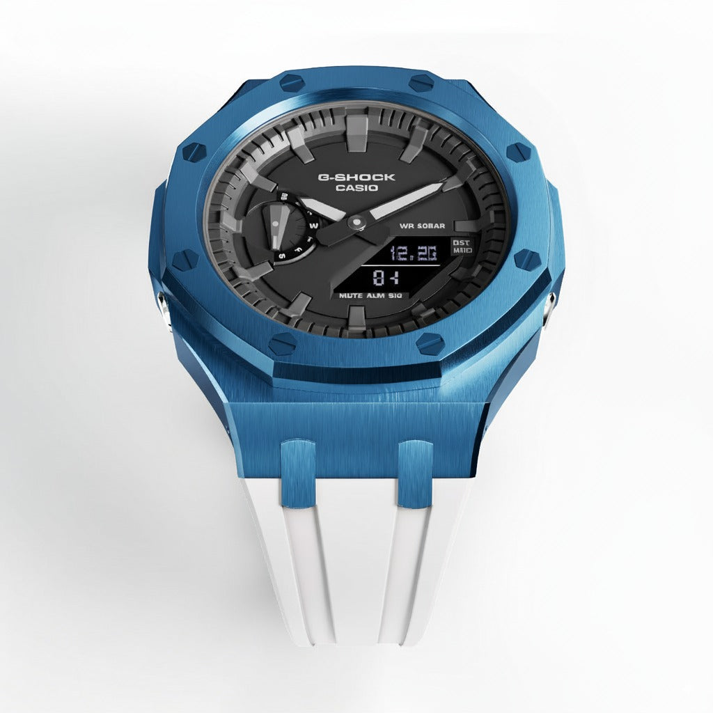 Casioak Mod Custom Watch Casio G-Shock GA-2100 Blue Case White Silicone Strap face up view