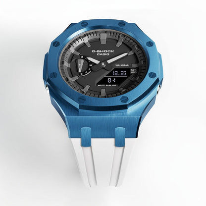Casioak Mod Custom Watch Casio G-Shock GA-2100 Blue Case White Silicone Strap face up view