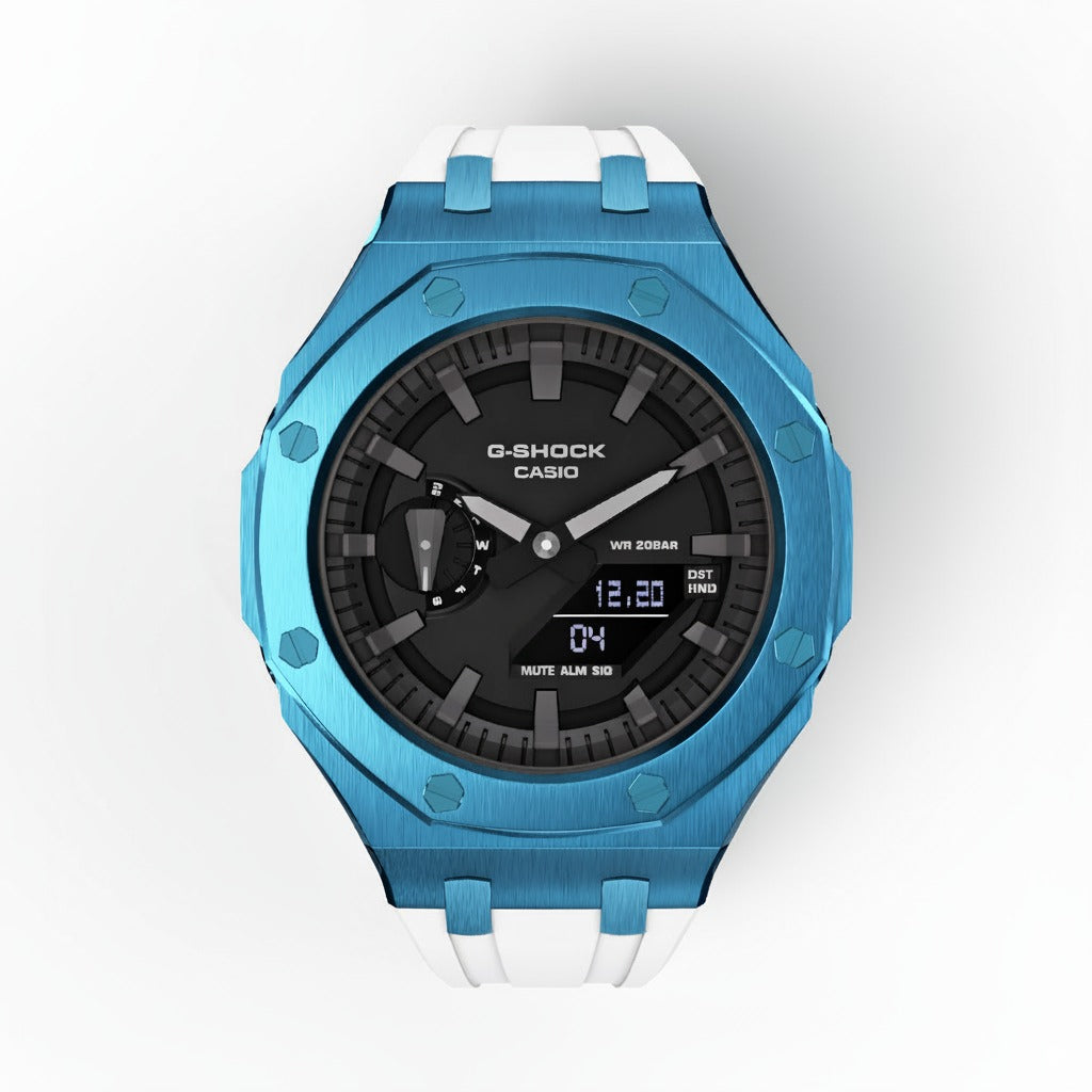 Casioak Mod Custom Watch Casio G-Shock GA-2100 Blue Case White Silicone Strap front view