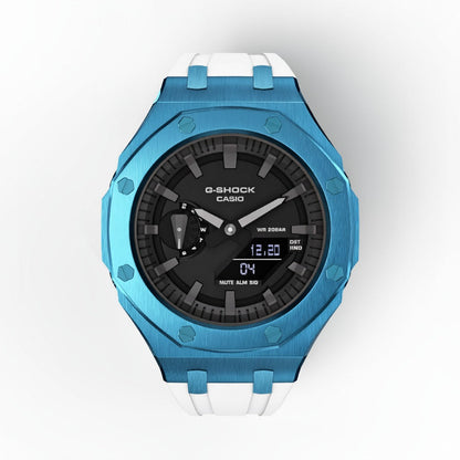 Casioak Mod Custom Watch Casio G-Shock GA-2100 Blue Case White Silicone Strap front view