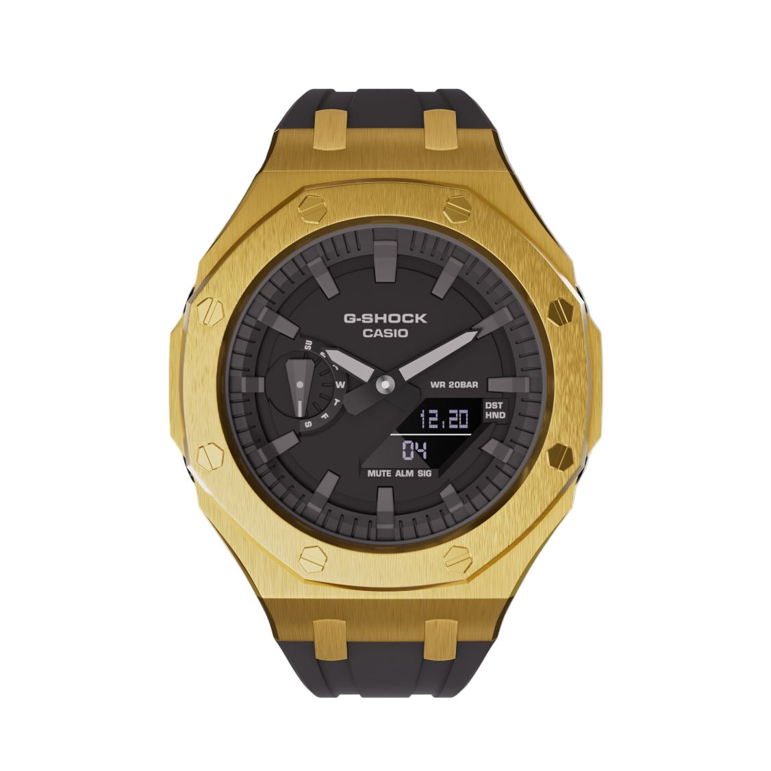 Casioak Mod Custom Watch Casio G-Shock GA-2100 Gold Tone Case Black Strap GA2100 Front View