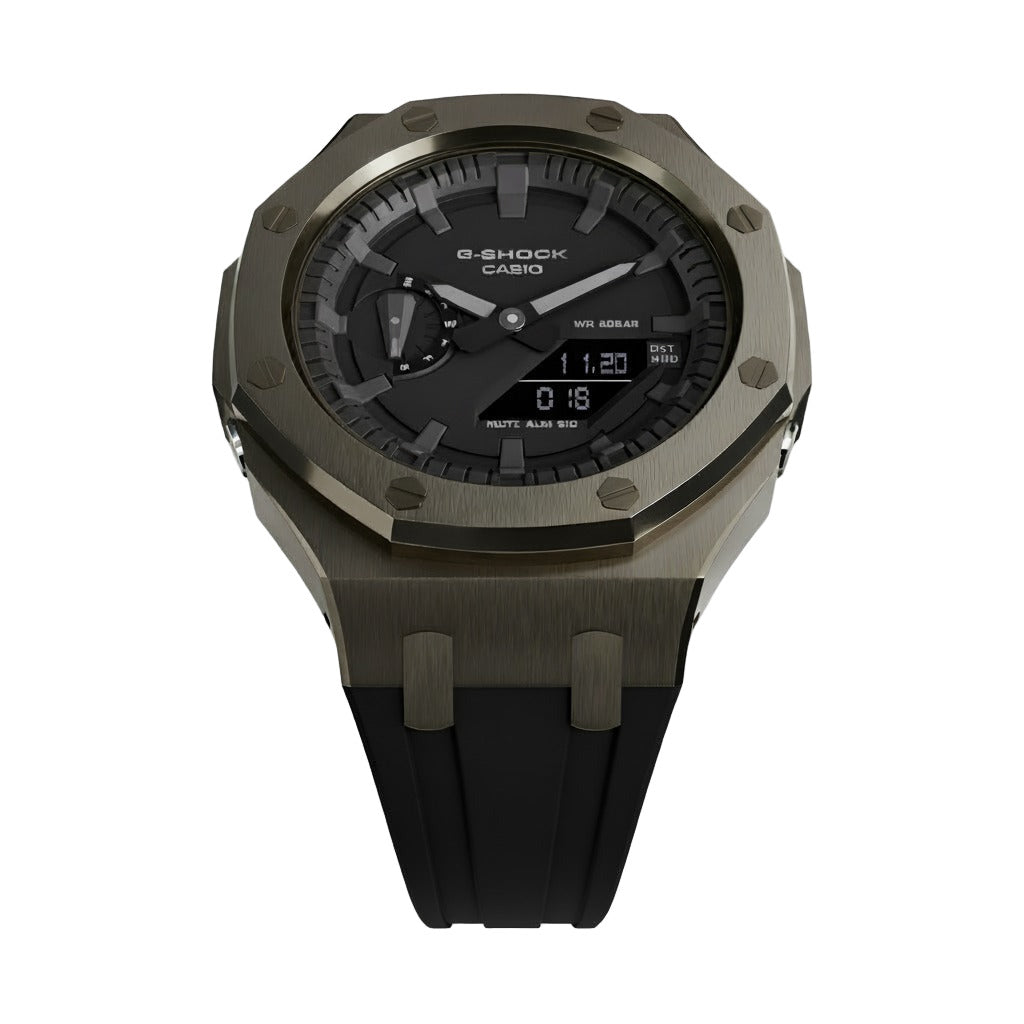 Casioak Mod Custom Watch Casio G-Shock GA-2100 Gunmetal Grey Case Black Strap face up view
