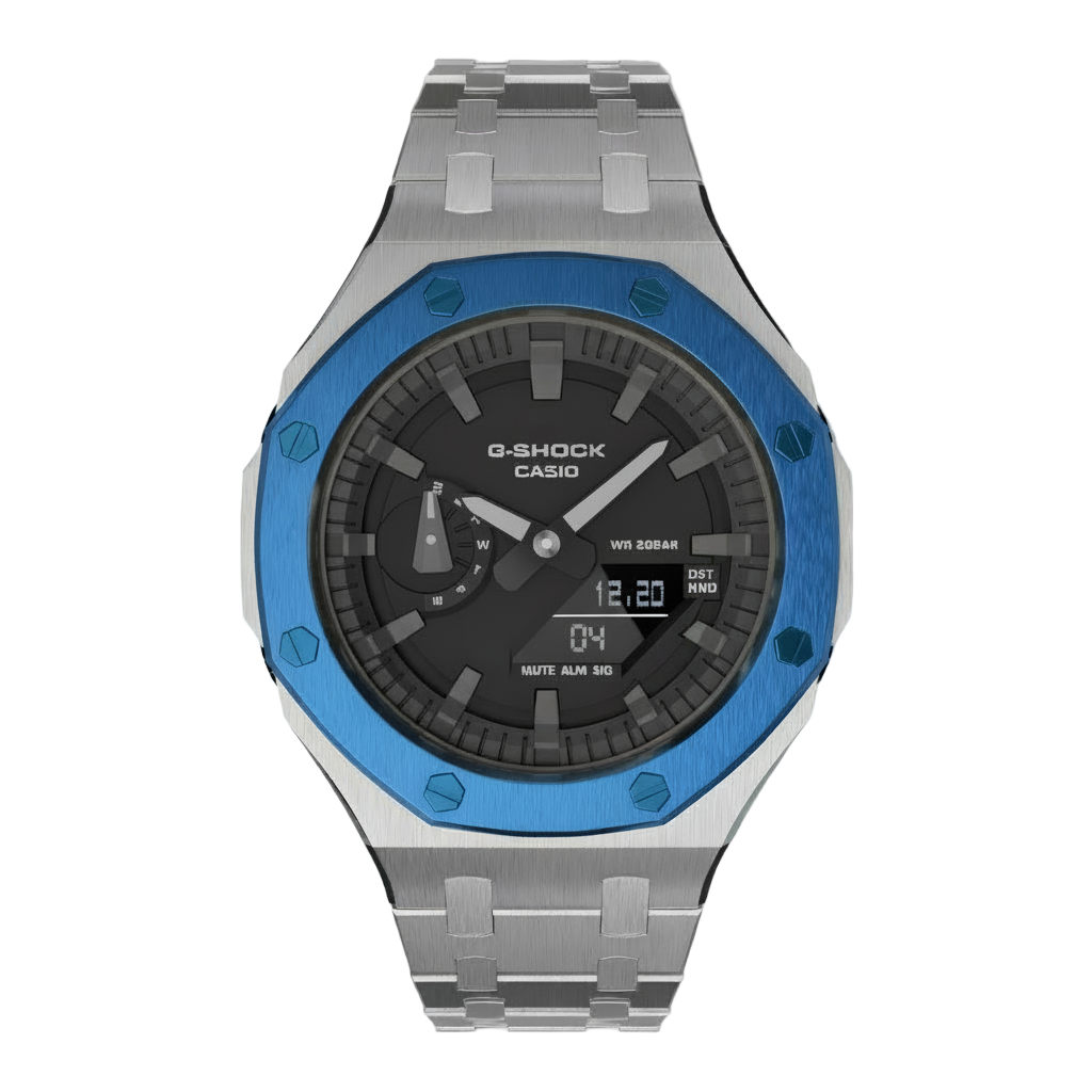 Casioak Mod Custom Watch Casio G-Shock GA-2100 Silver Case & Blue Bezel GA2100 face view