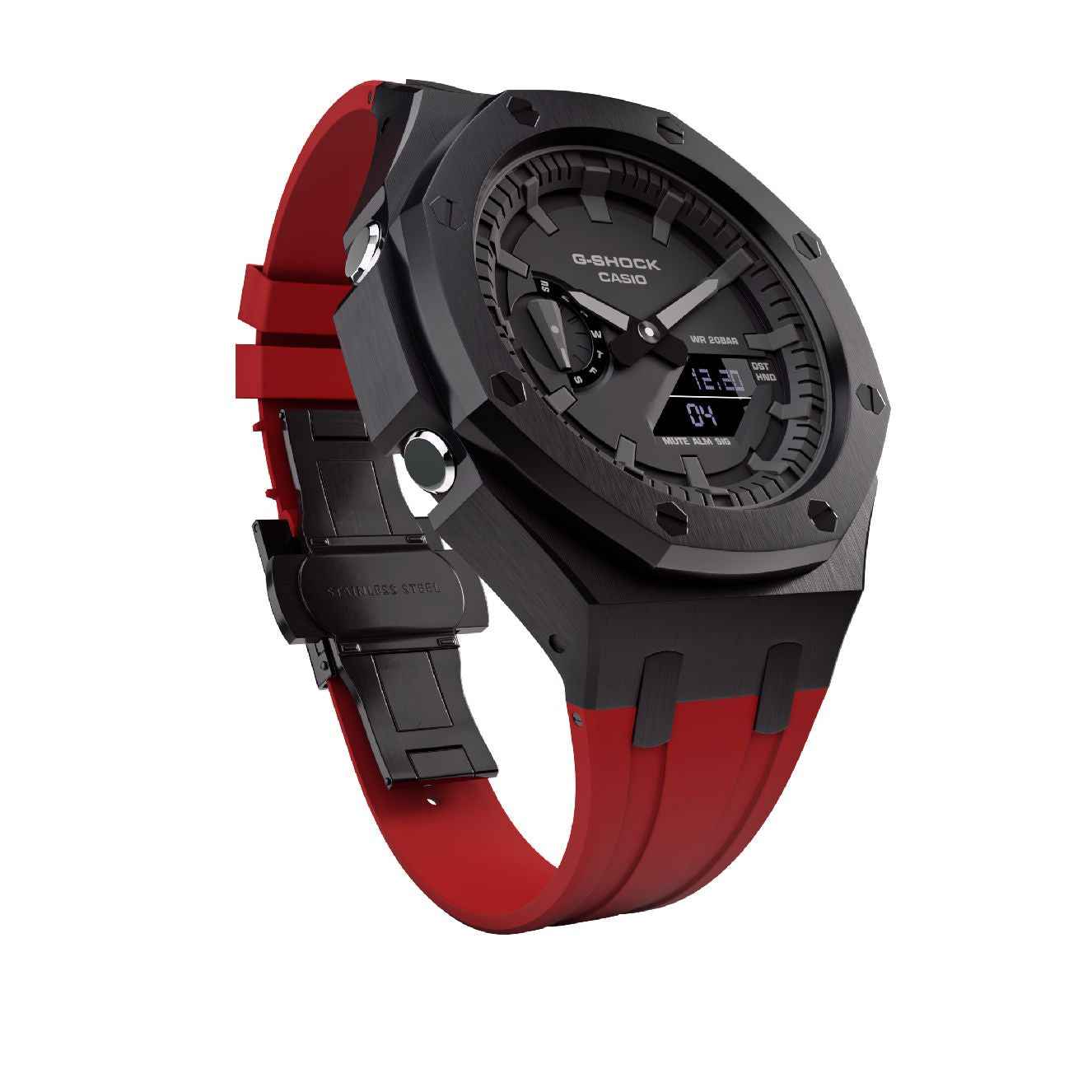 Casioak Mod Royal Oak Watch Casio G-Shock GA-2100 Black Case Red Strap GA2100 cool view