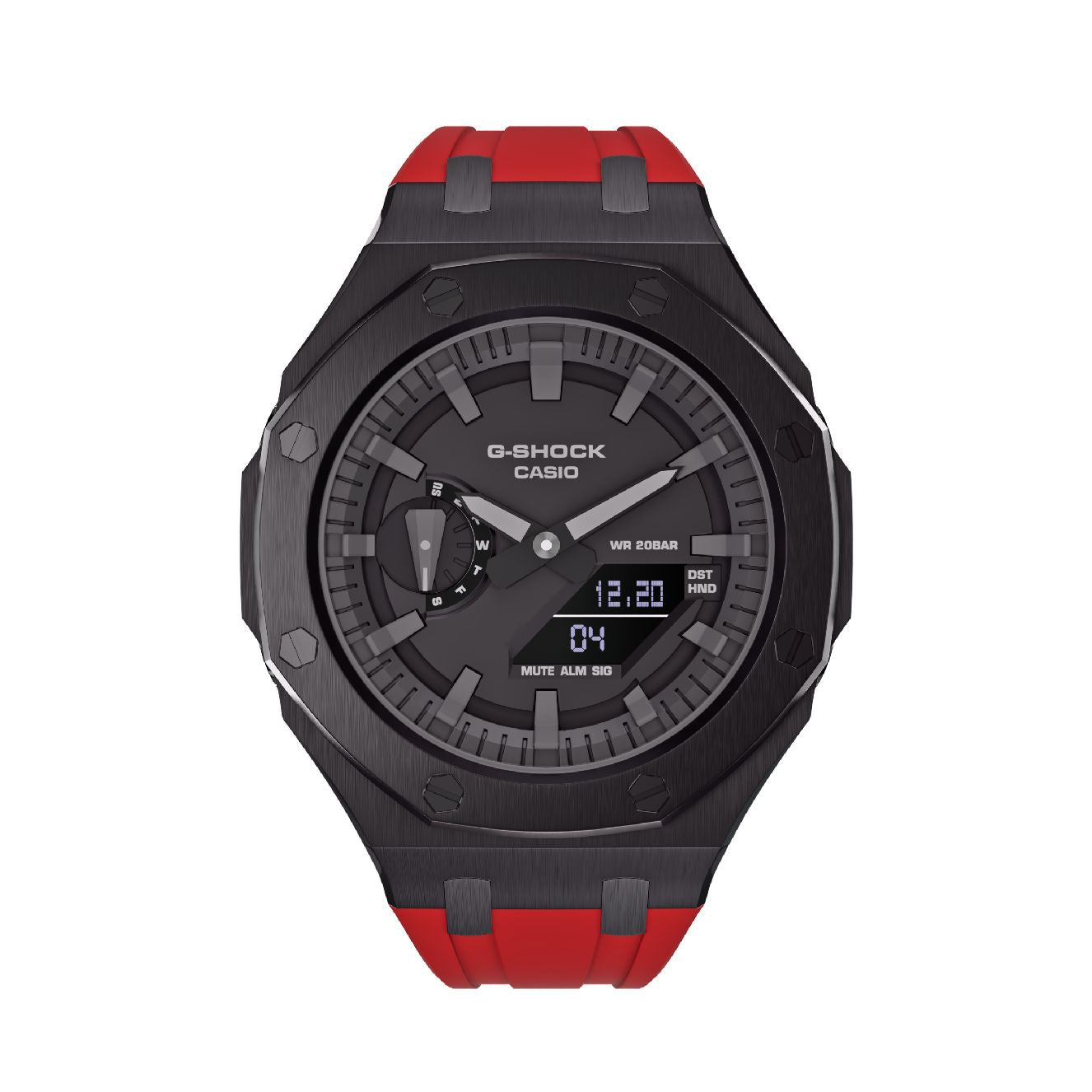 Casioak Mod Royal Oak Watch Casio G-Shock GA-2100 Black Case Red Strap GA2100 front vew