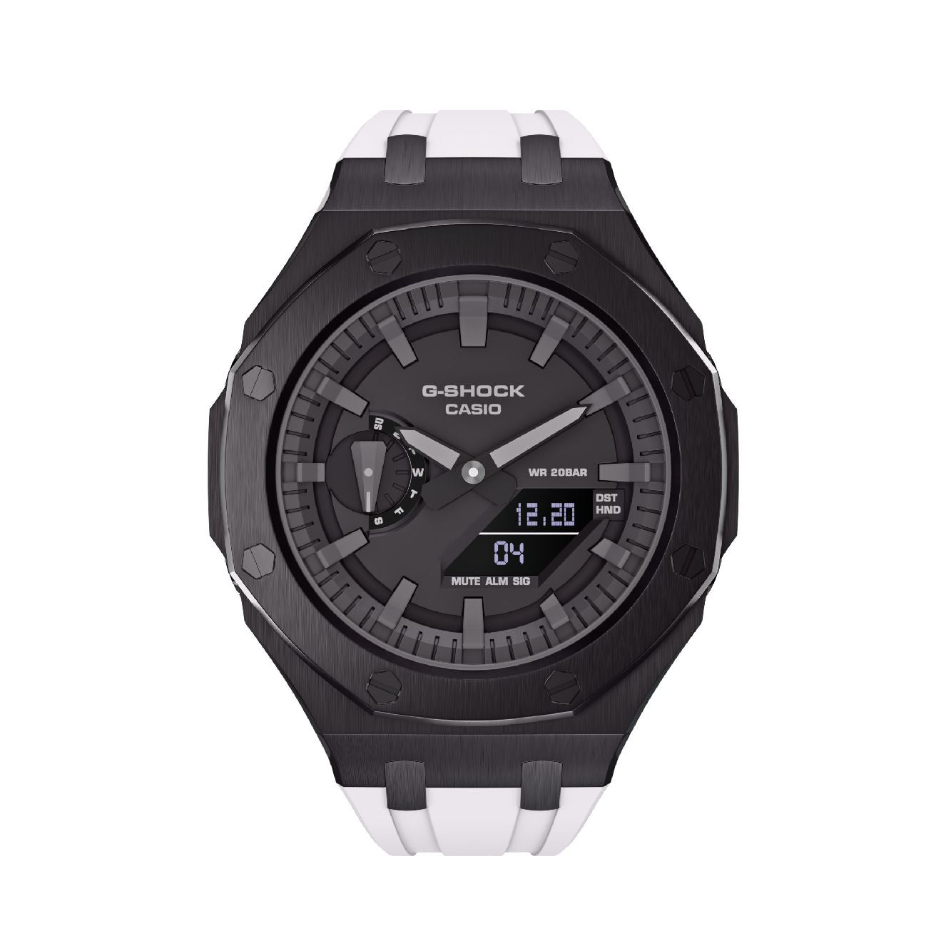 Casioak Mod Royal Oak Watch Casio G-Shock GA-2100 Black Case White Strap GA2100 front view
