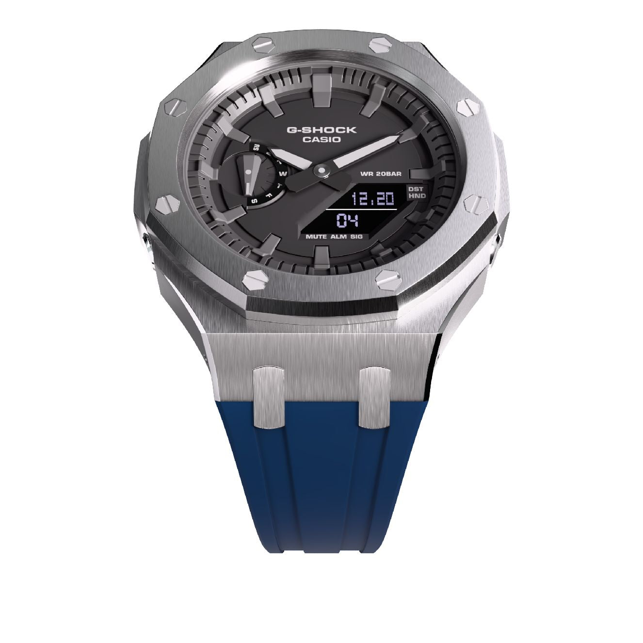 Casioak Mod Royal Oak Watch Casio G-Shock GA-2100 Silver Case Blue Strap GA2100