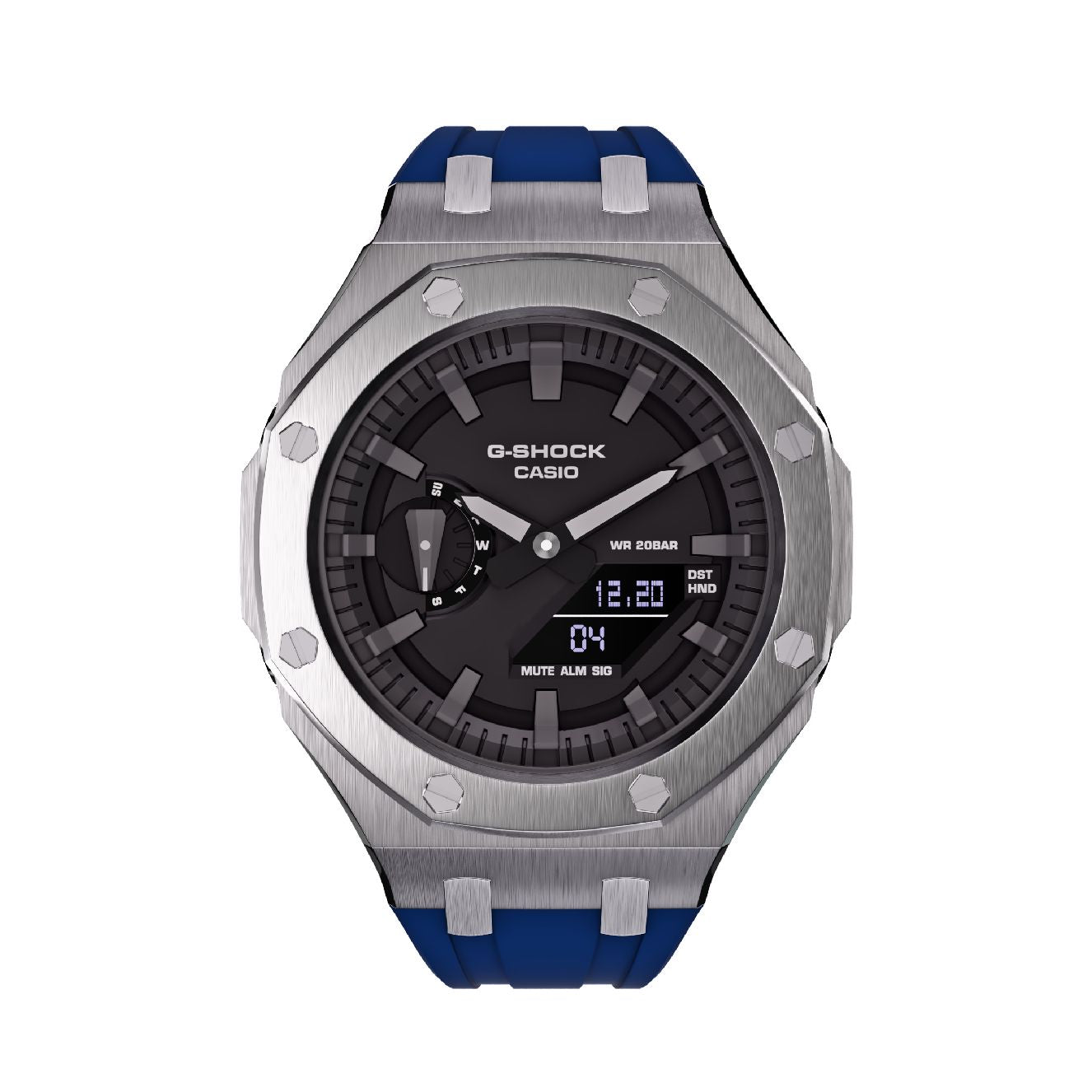 Casioak Mod Royal Oak Watch Casio G-Shock GA-2100 Silver Case Blue Strap GA2100 - Font View