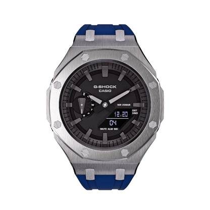 Casioak Mod Royal Oak Watch Casio G-Shock GA-2100 Silver Case Blue Strap GA2100 - Font View
