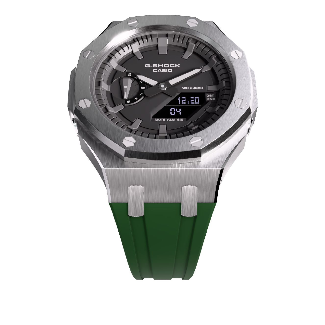 Casioak Mod Royal Oak Watch Casio G-Shock GA-2100 Silver Case Green Strap GA2100