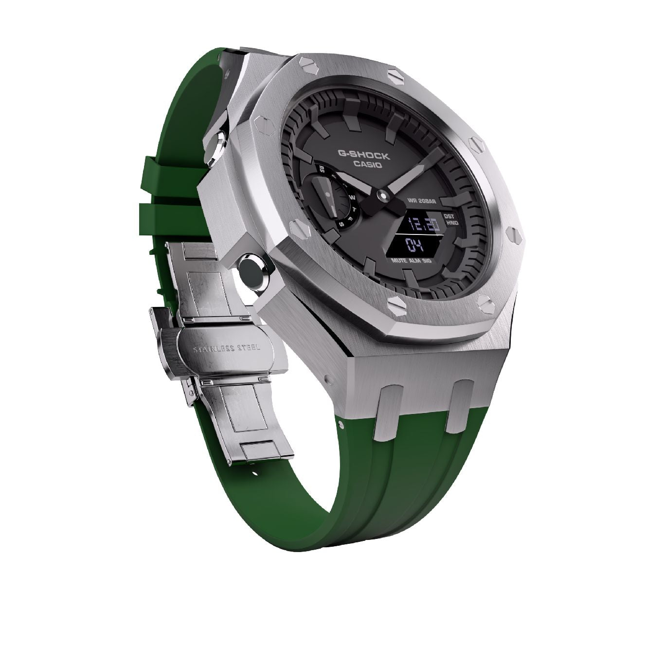 Casioak Mod Royal Oak Watch Casio G-Shock GA-2100 Silver Case Green Strap GA2100 coolview