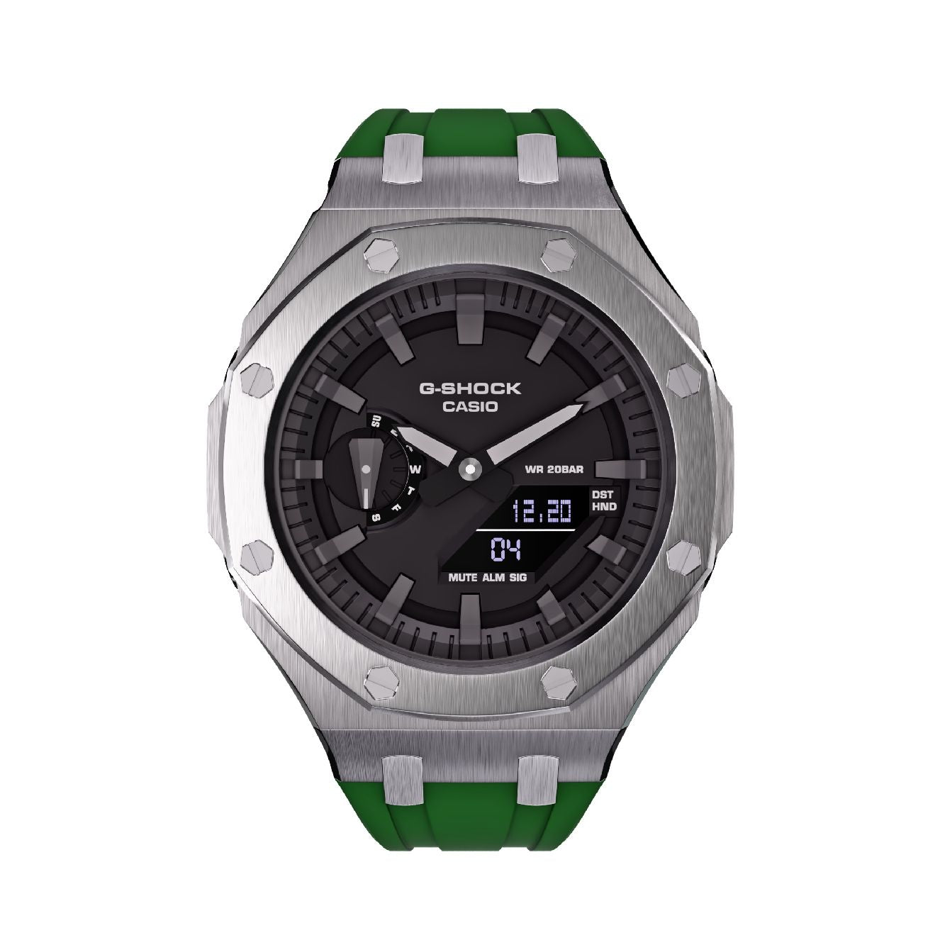 Casioak Mod Royal Oak Watch Casio G-Shock GA-2100 Silver Case Green Strap GA2100 front view