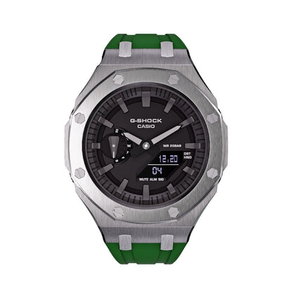 Casioak Mod Royal Oak Watch Casio G-Shock GA-2100 Silver Case Green Strap GA2100 front view
