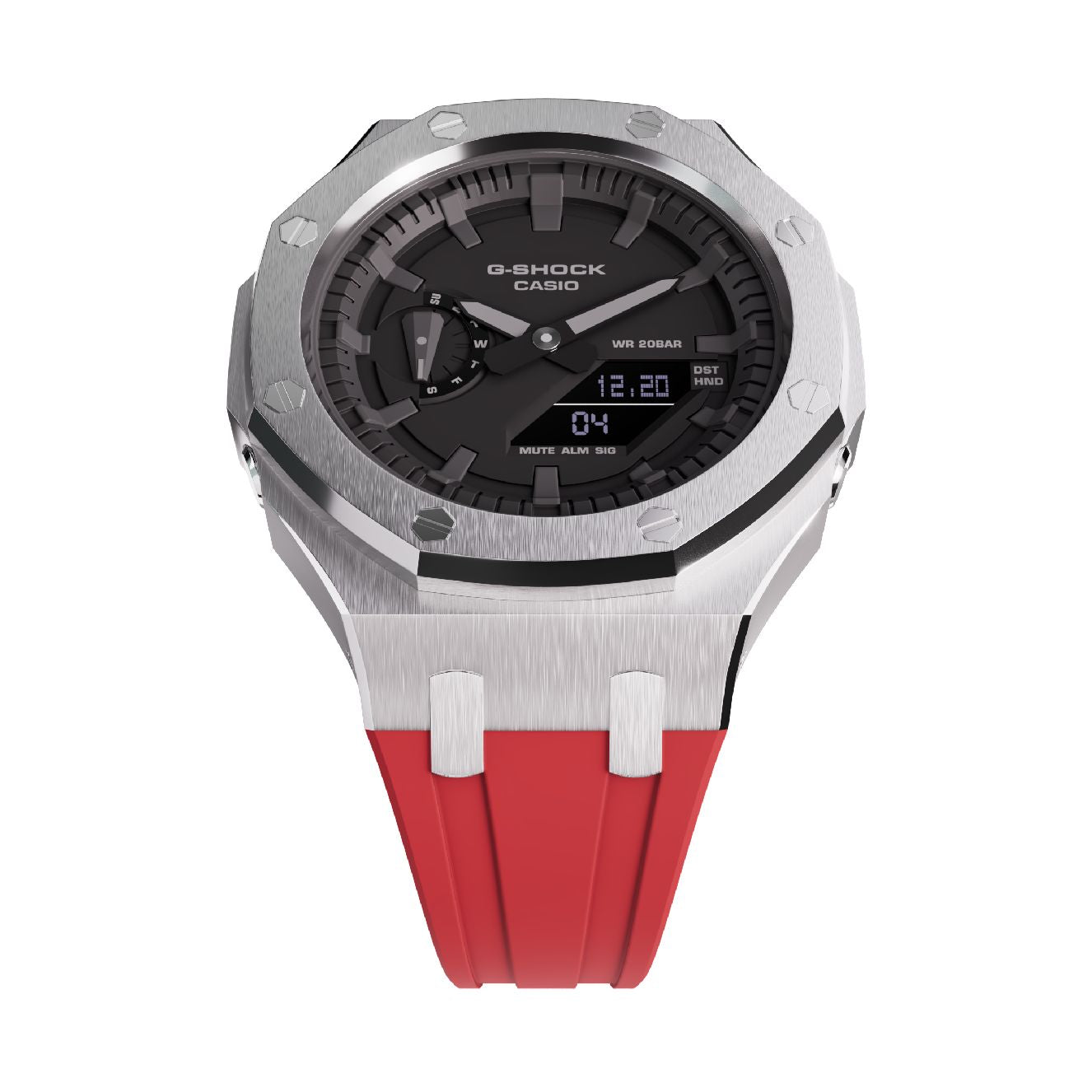 Casioak Mod Royal Oak Watch Casio G-Shock GA-2100 Silver Case Red Strap GA2100