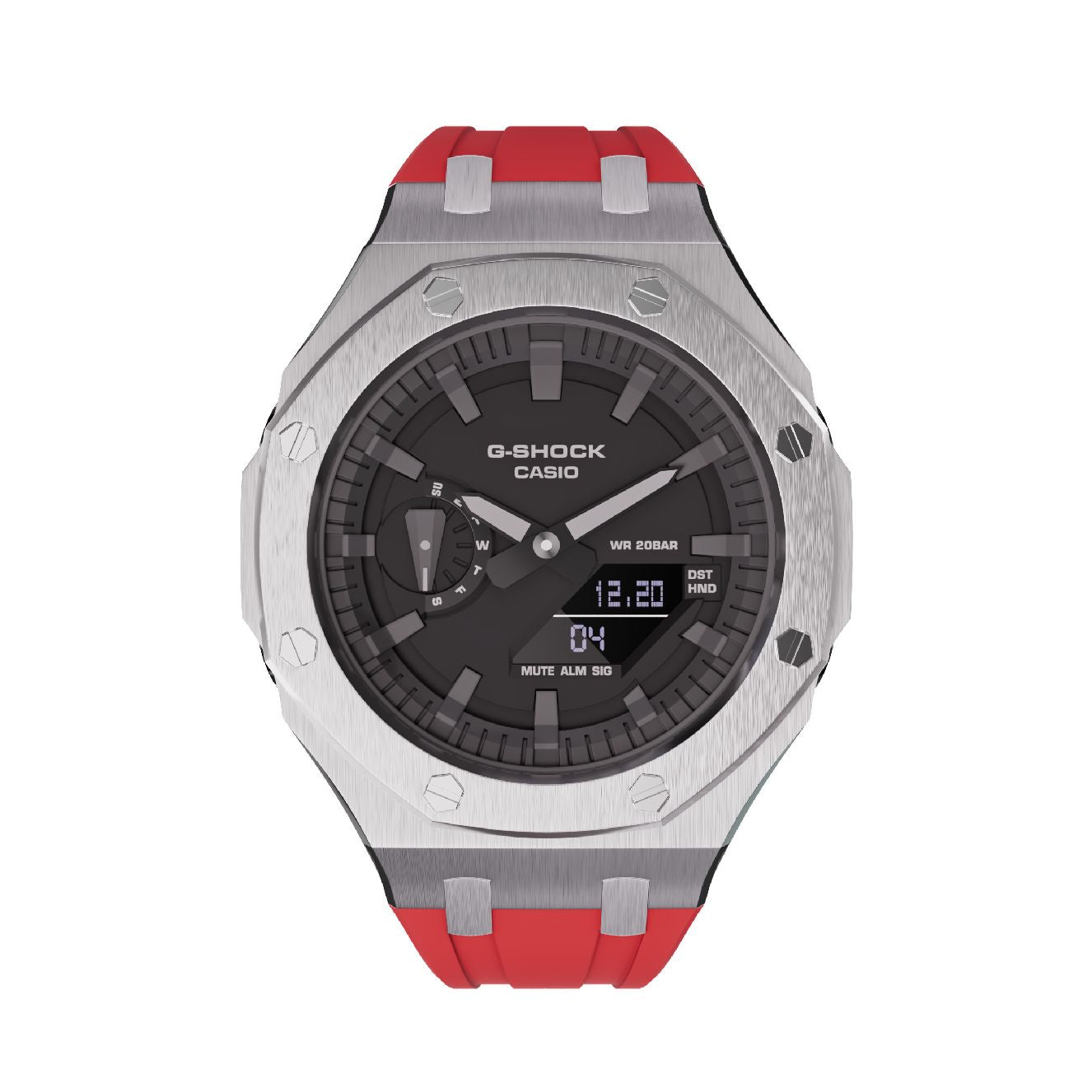 Casioak Mod Royal Oak Watch Casio G-Shock GA-2100 Silver Case Red Strap GA2100 front View