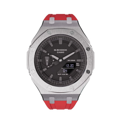 Casioak Mod Royal Oak Watch Casio G-Shock GA-2100 Silver Case Red Strap GA2100 front View