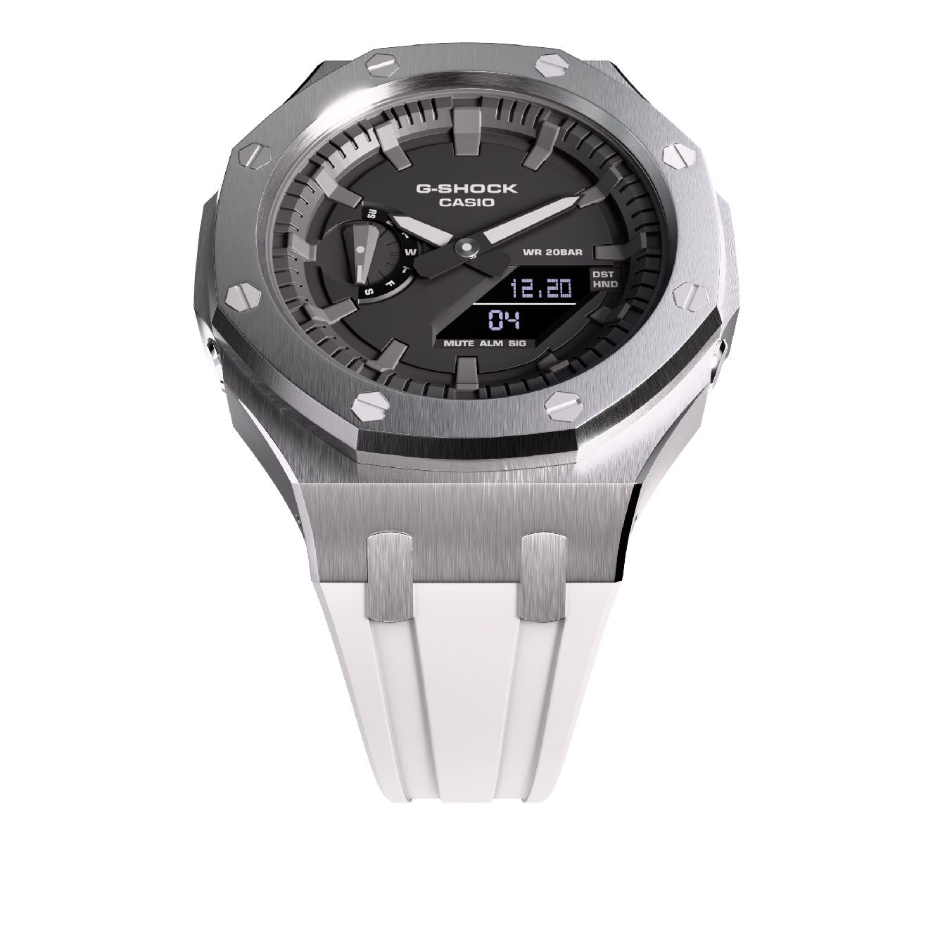 Casioak Mod Royal Oak Watch Casio G-Shock GA-2100 Silver Case White Strap GA2100