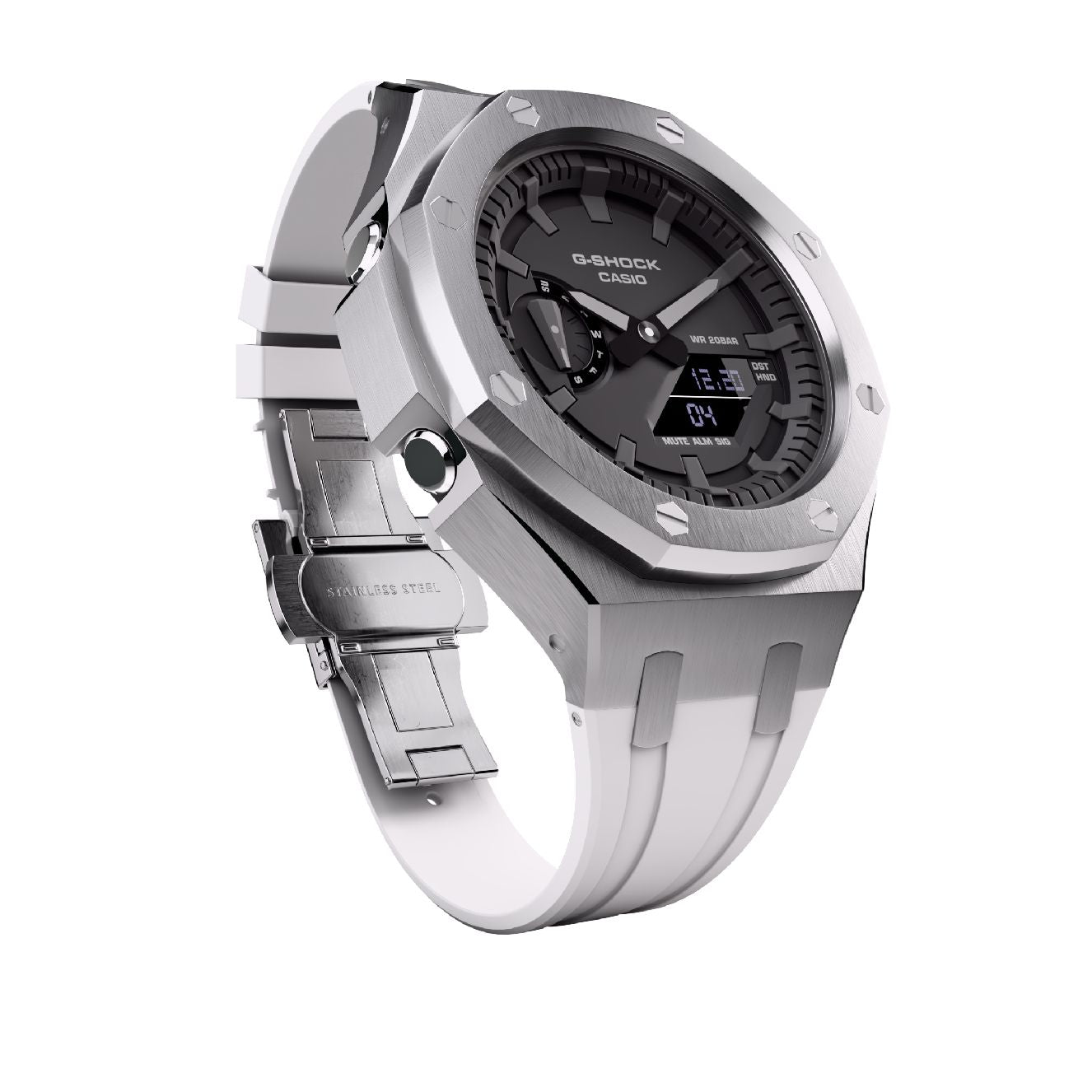 Casioak Mod Royal Oak Watch Casio G-Shock GA-2100 Silver Case White Strap GA2100 cool view