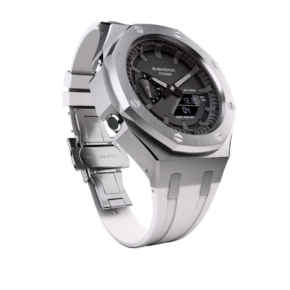 Casioak Mod Royal Oak Watch Casio G-Shock GA-2100 Silver Case White Strap GA2100 cool view