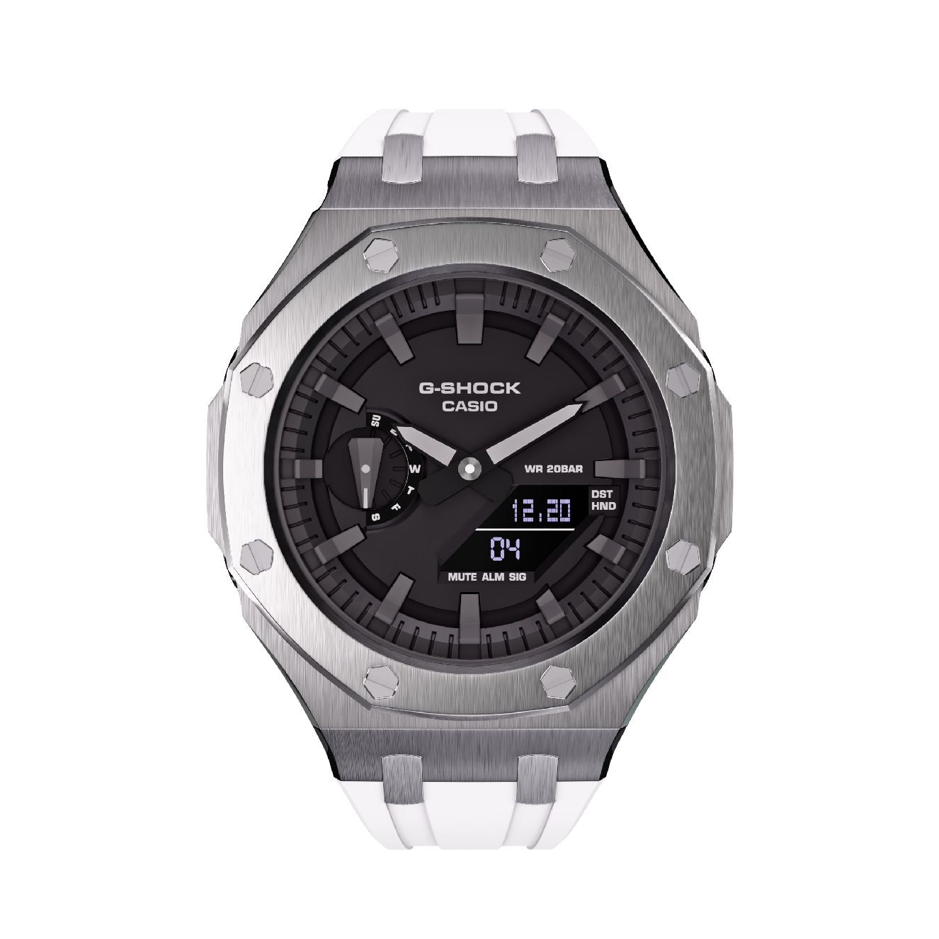 Casioak Mod Royal Oak Watch Casio G-Shock GA-2100 Silver Case White Strap GA2100 front view