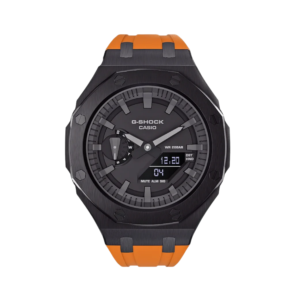 G-Shock GA-2100 Custom Metal Mod Watch Casio Casioak Black Case Orange Strap