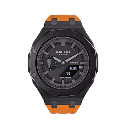 G-Shock GA-2100 Custom Metal Mod Watch Casio Casioak Black Case Orange Strap