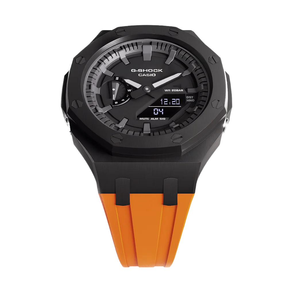 G-Shock GA-2100 Custom Metal Mod Watch Casio Casioak Black Case Orange Strap image 2