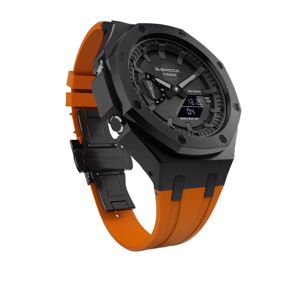 G-Shock GA-2100 Custom Metal Mod Watch Casio Casioak Black Case Orange Strap image 4