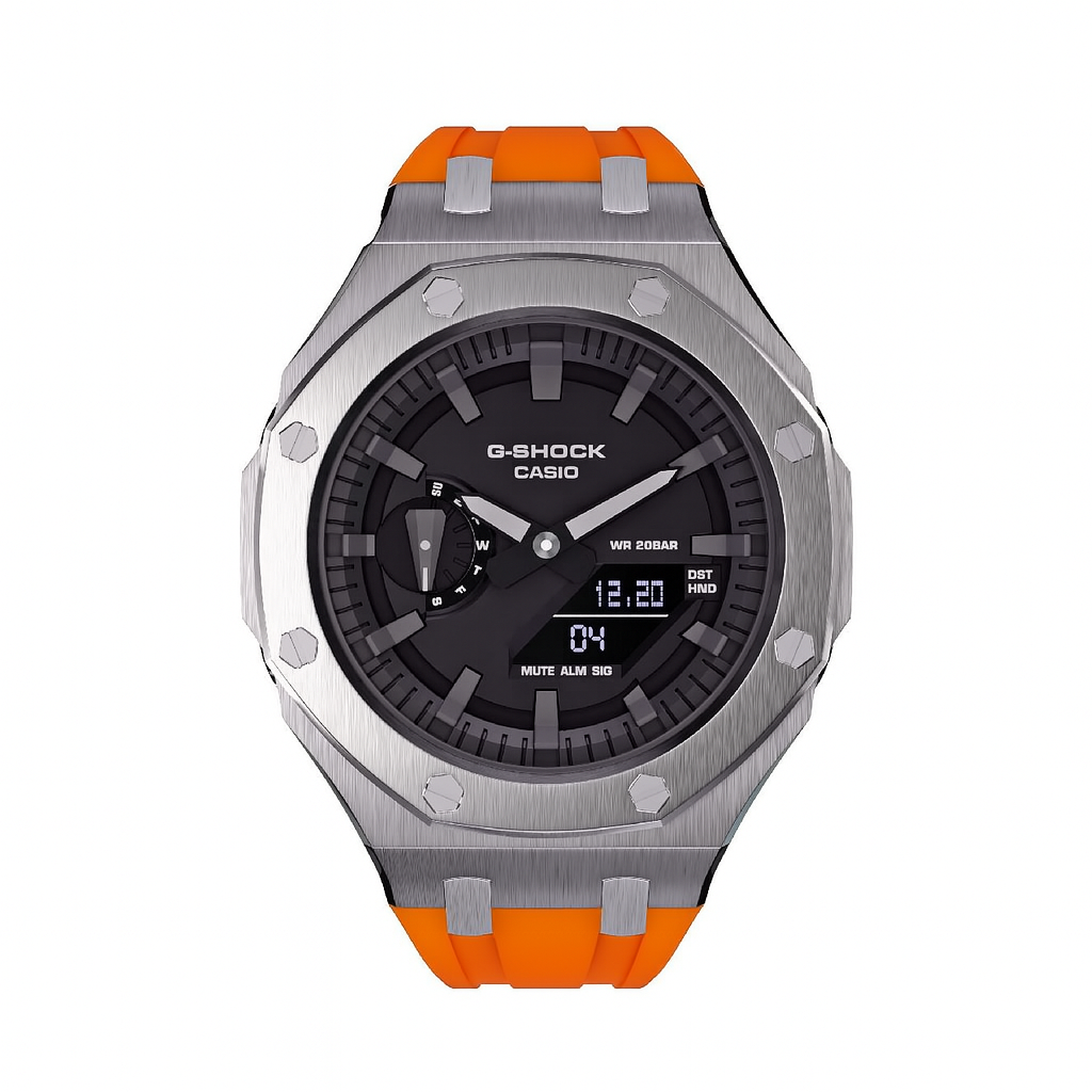 G-Shock GA-2100 Custom Metal Mod Watch Casio Casioak Steel Case Orange Strap