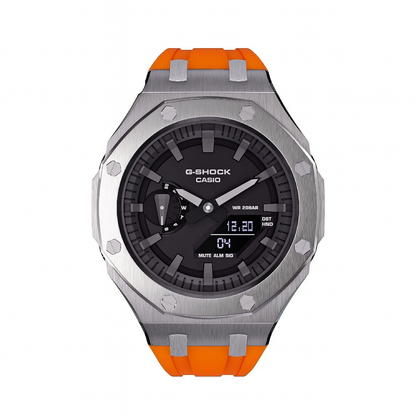 G-Shock GA-2100 Custom Metal Mod Watch Casio Casioak Steel Case Orange Strap