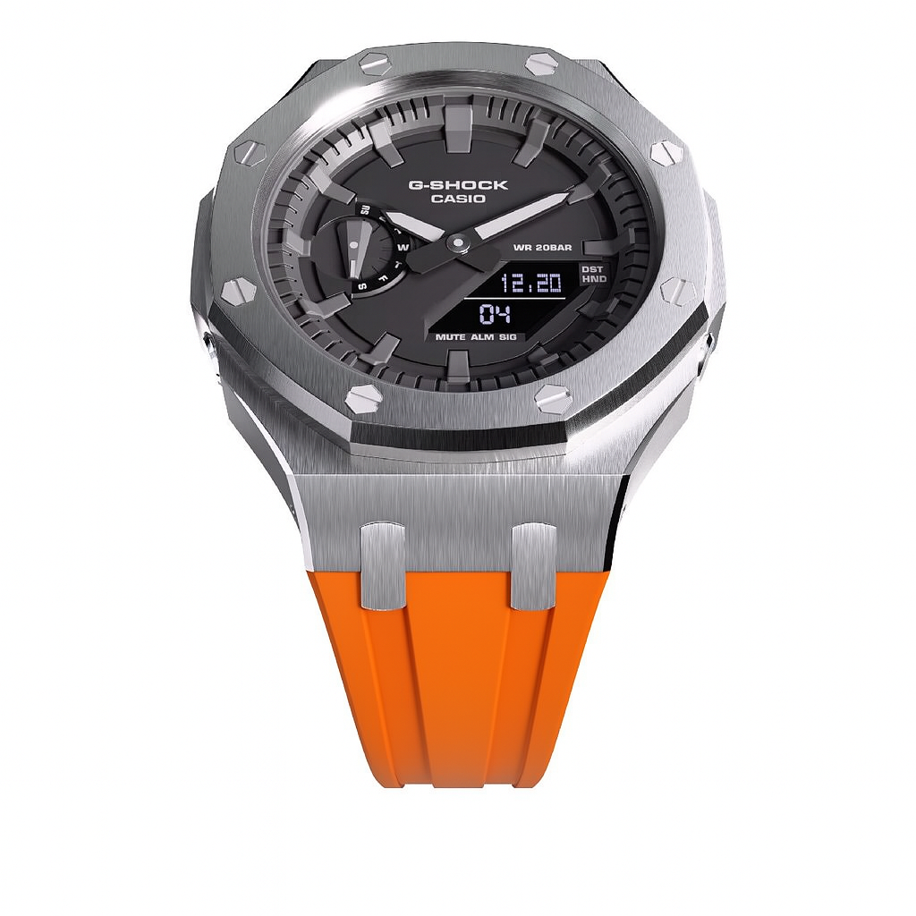 G-Shock GA-2100 Custom Metal Mod Watch Casio Casioak Steel Case Orange Strap image 2